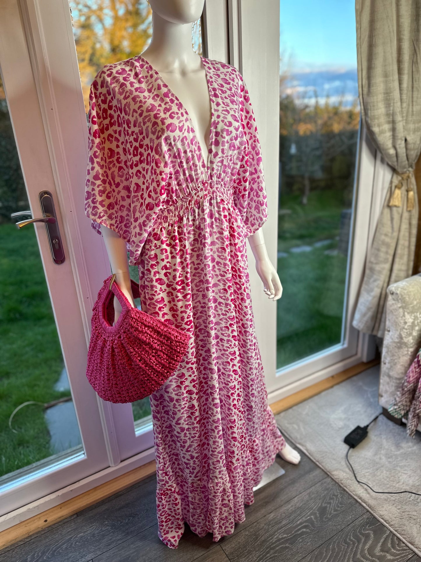 PINK ANIMAL PRINT DEEP V-NECK MAXI DRESS