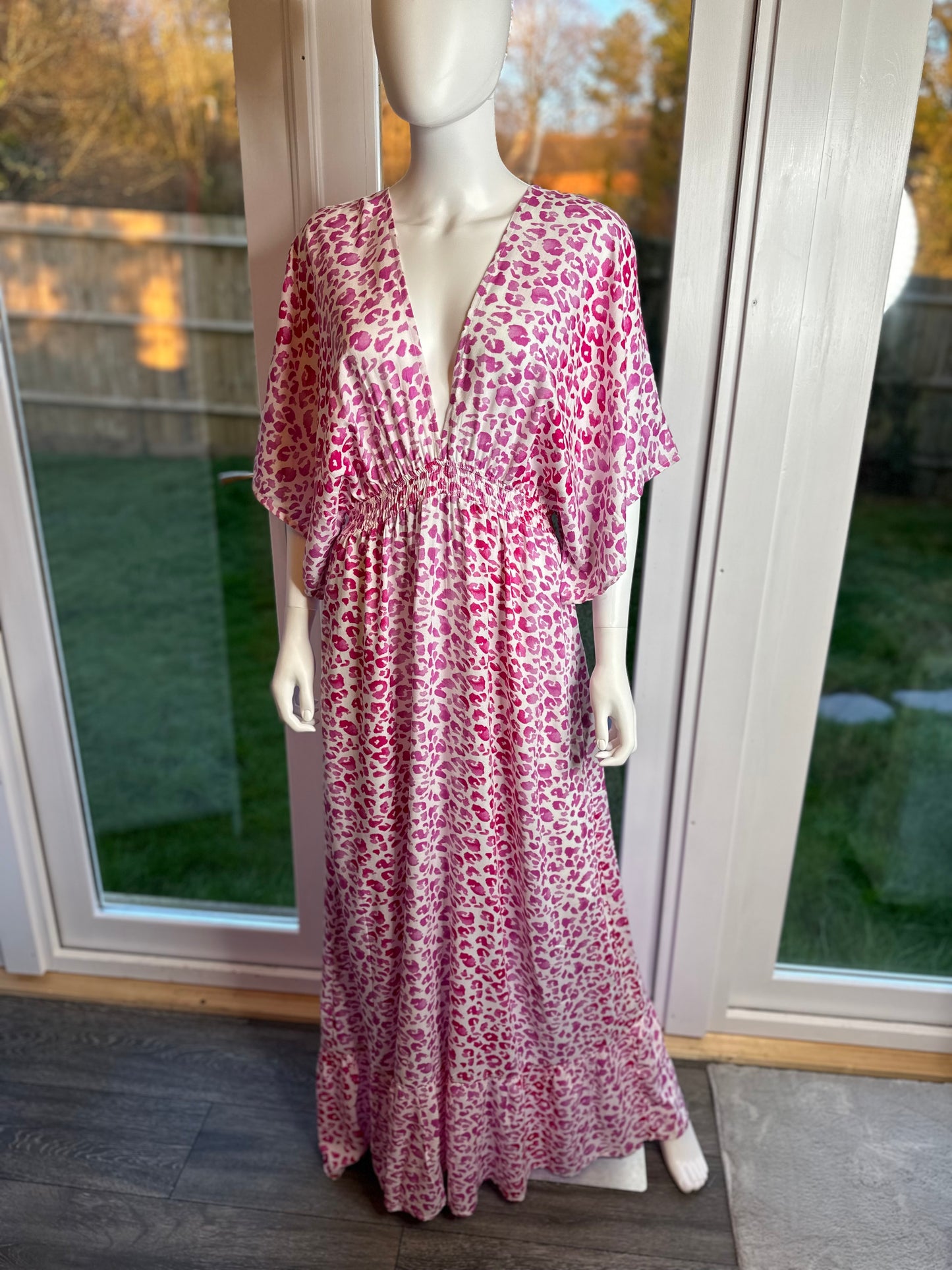 PINK ANIMAL PRINT DEEP V-NECK MAXI DRESS